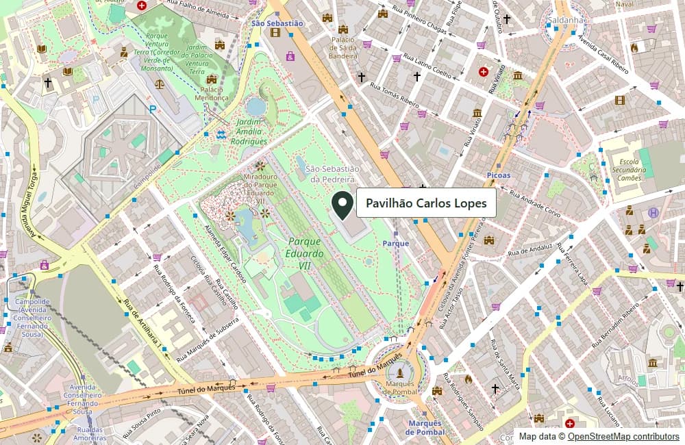 Street map showing Pavilhão Carlos Lopes in Parque Eduardo VII, with Marquês de Pombal and the surrounding Lisbon streets.