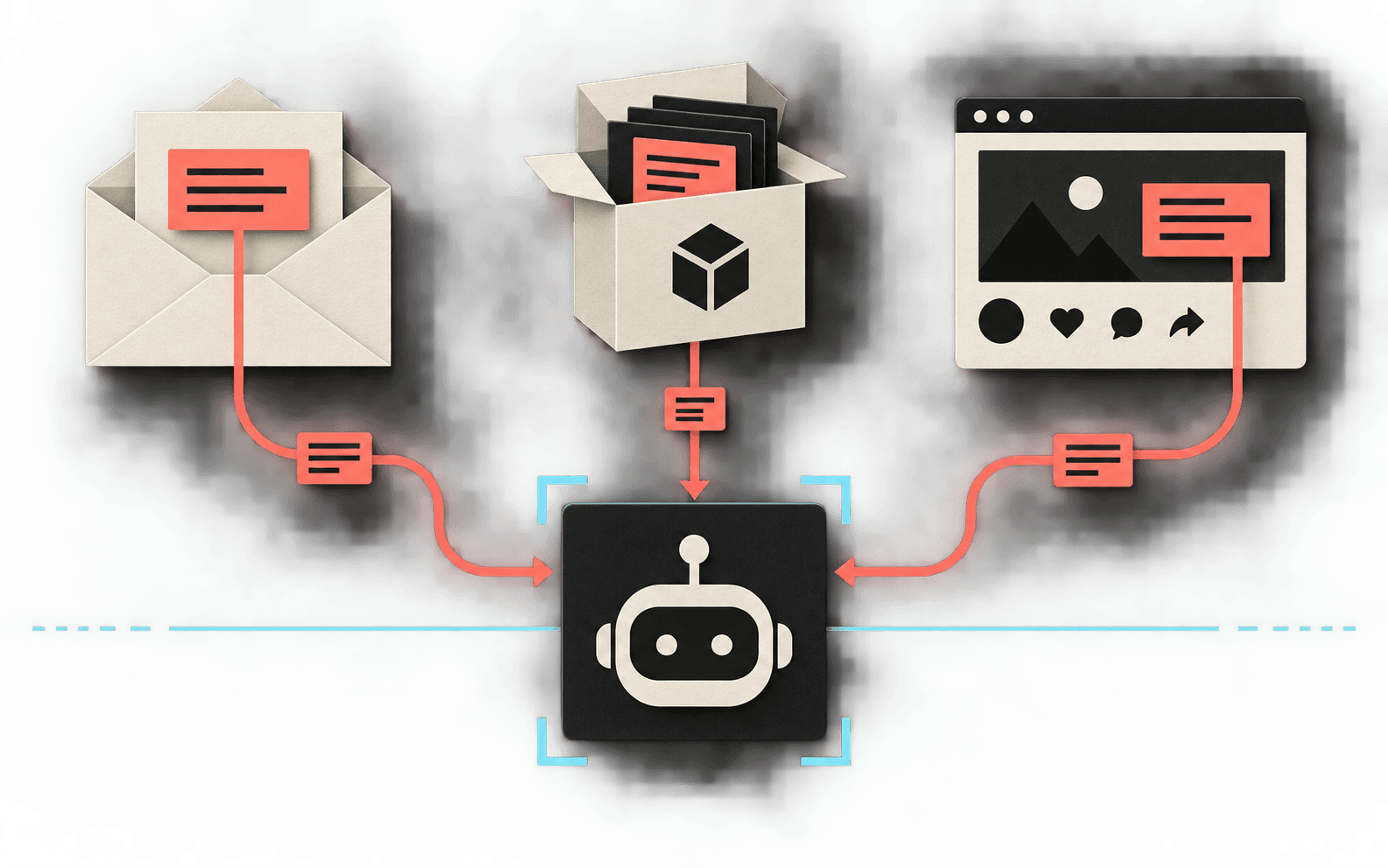 An email, software package, and social post carry coral instruction paths toward an AI assistant.