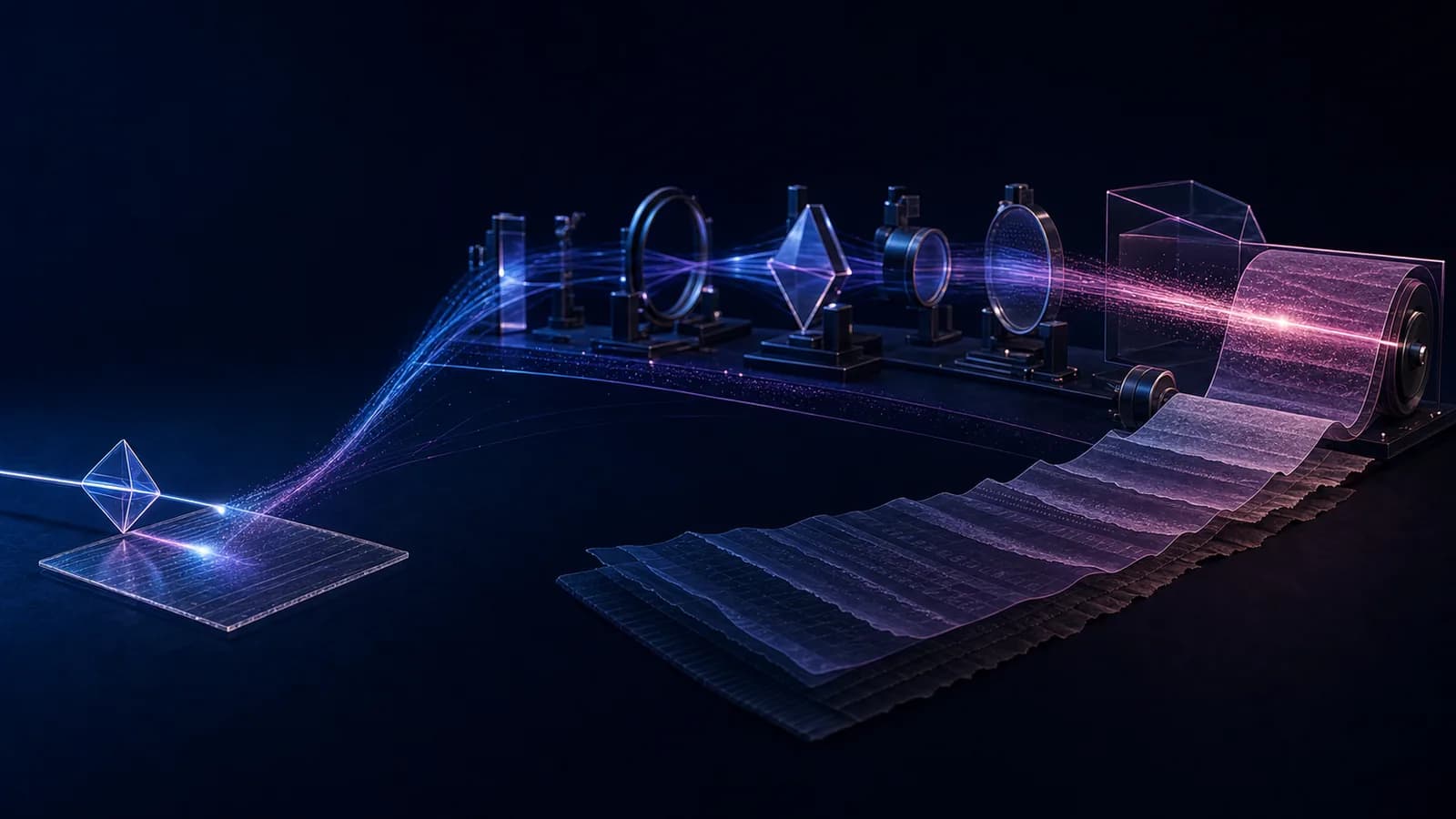 A precision instrument feeding a distributed optical measurement array and a long evidence archive.