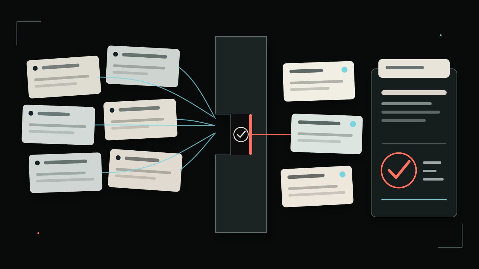 Eight evidence records narrowing through a precise selection gate into a three-vendor shortlist and a verified decision file.